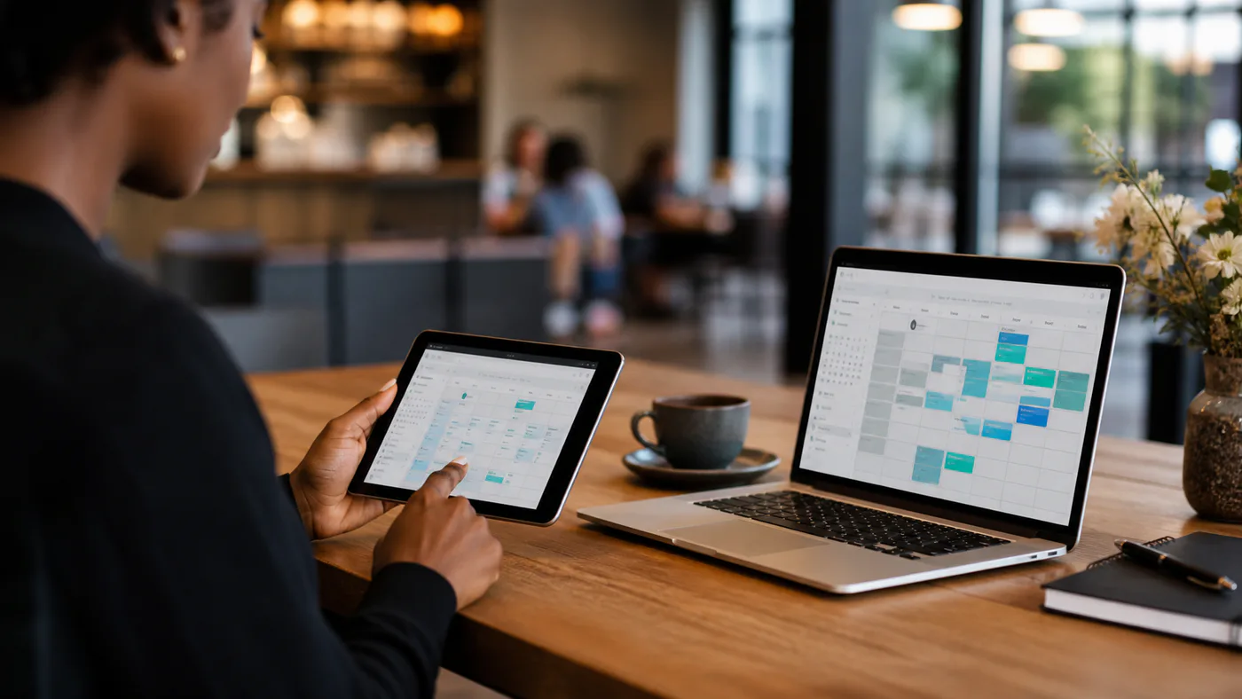 Small business booking calendar open across tablet and laptop