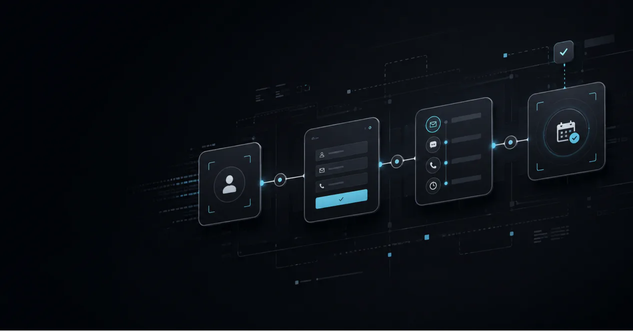 A connected digital workflow moving from inquiry to contact, follow-up, and booking